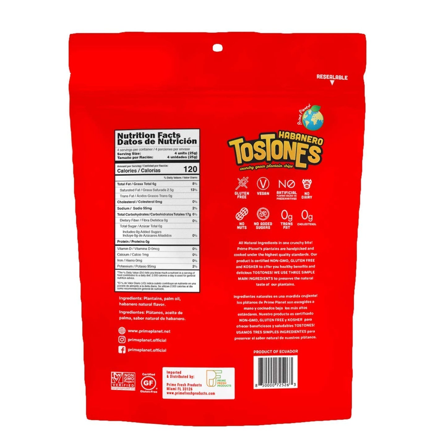 Prime  t TOSTONES Crunchy Habanero Plantain Chips, 3.53 Oz, Re-Sealable Bag