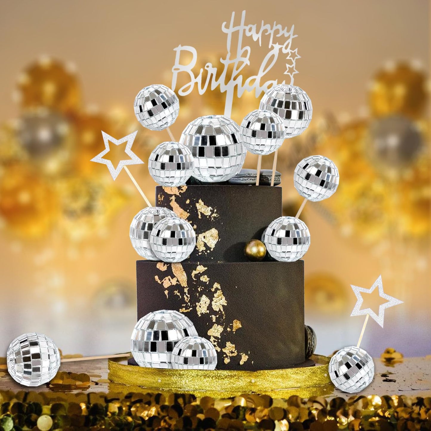 Zaycca Disco Ball Cake Toppers 36 pcs Silver 1970s Party Decorations Model 20240808