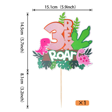 Rssta i Dinosaur 3rd Birthday Cake Topper, Pink, W 6 x H 8, Model XM107-Pink 3, Paper Decoration for Dino Theme Party