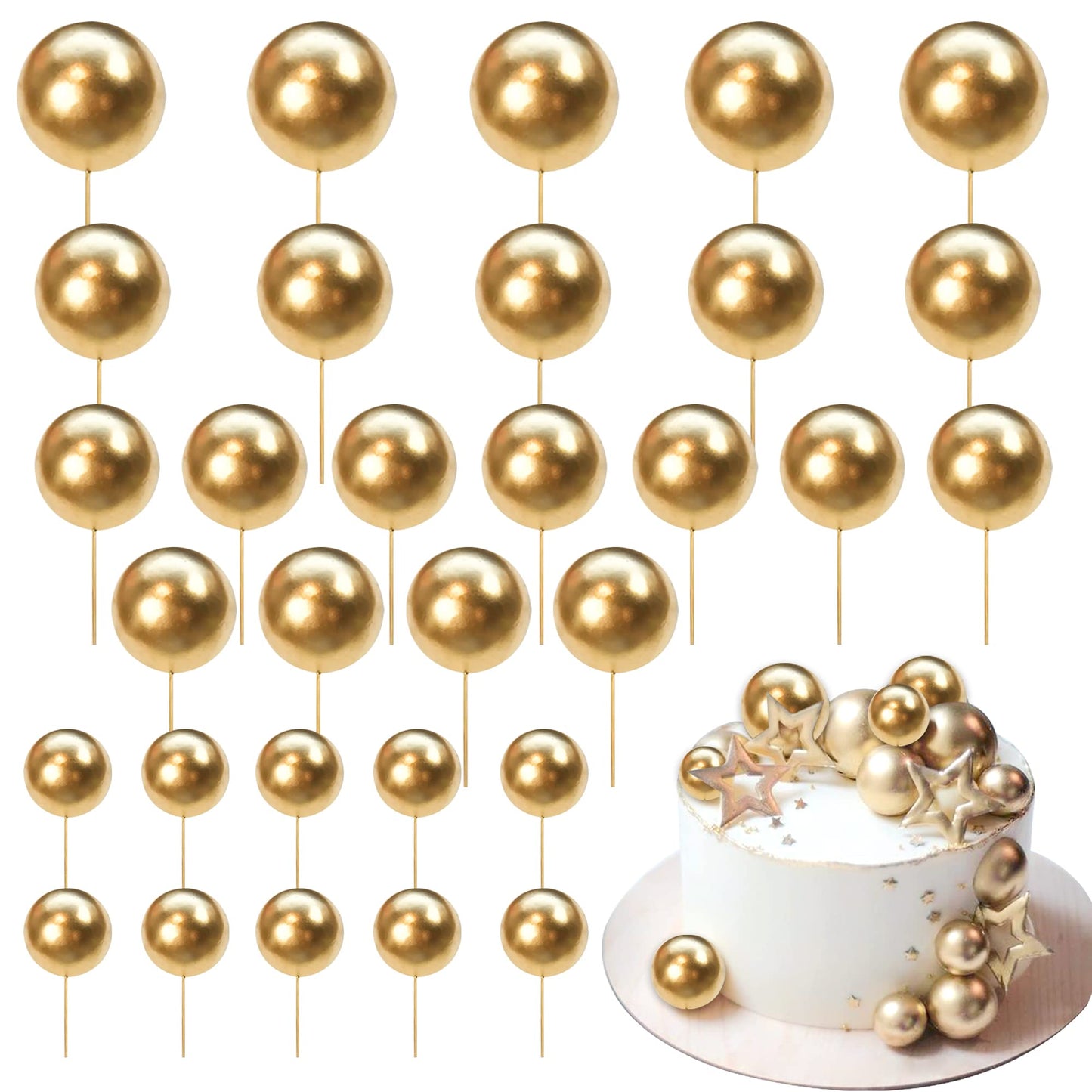 Rsstarxi Mini Balloon Cake Topper, 30 Pack Glitter Foam Balls, Gold, Ideal for Kids Birthday, Wedding, Baby Shower, Party Decorations