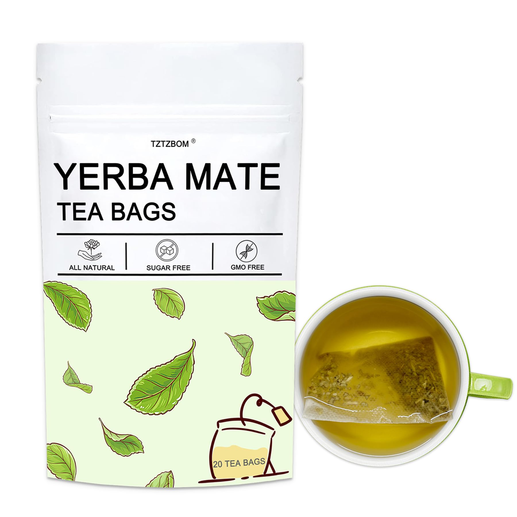 TZTZBOM Yerba Mate Tea Bags, Natural Caffeine, Smooth Energy & Focus, 20 Count