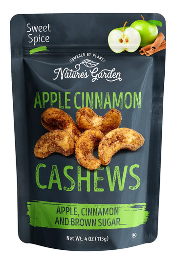 Nature's Garden Apple Cinnamon Cashews, 4 oz (Pack of 6) - Seasoned Roasted Cashews, Flavored Nuts Snack Pack, Organic Cinnamon 