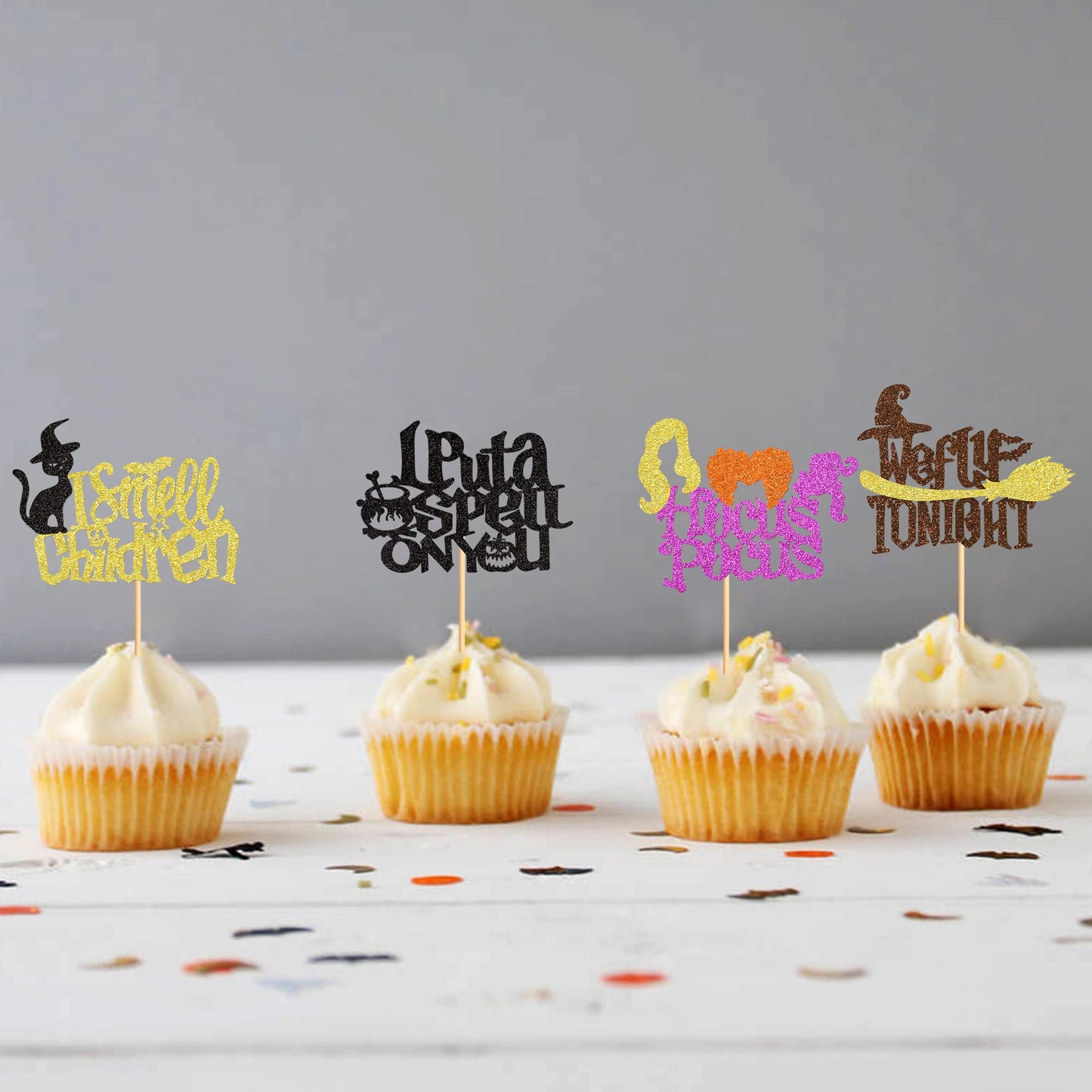 Ercadio 24 Pack Hocus Pocus Witch Hair Cupcake Toppers Halloween I Put A Spell On You Cupcake Picks Black Cat Witch Halloween Cu