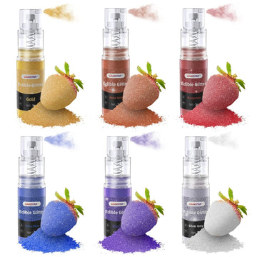 Edible Glitter Spray, Edible Luster Dust, 6 Colors, Edible Glitter for Cocktails, Powder for Cake Decorating, Baking, Drinks, Fo
