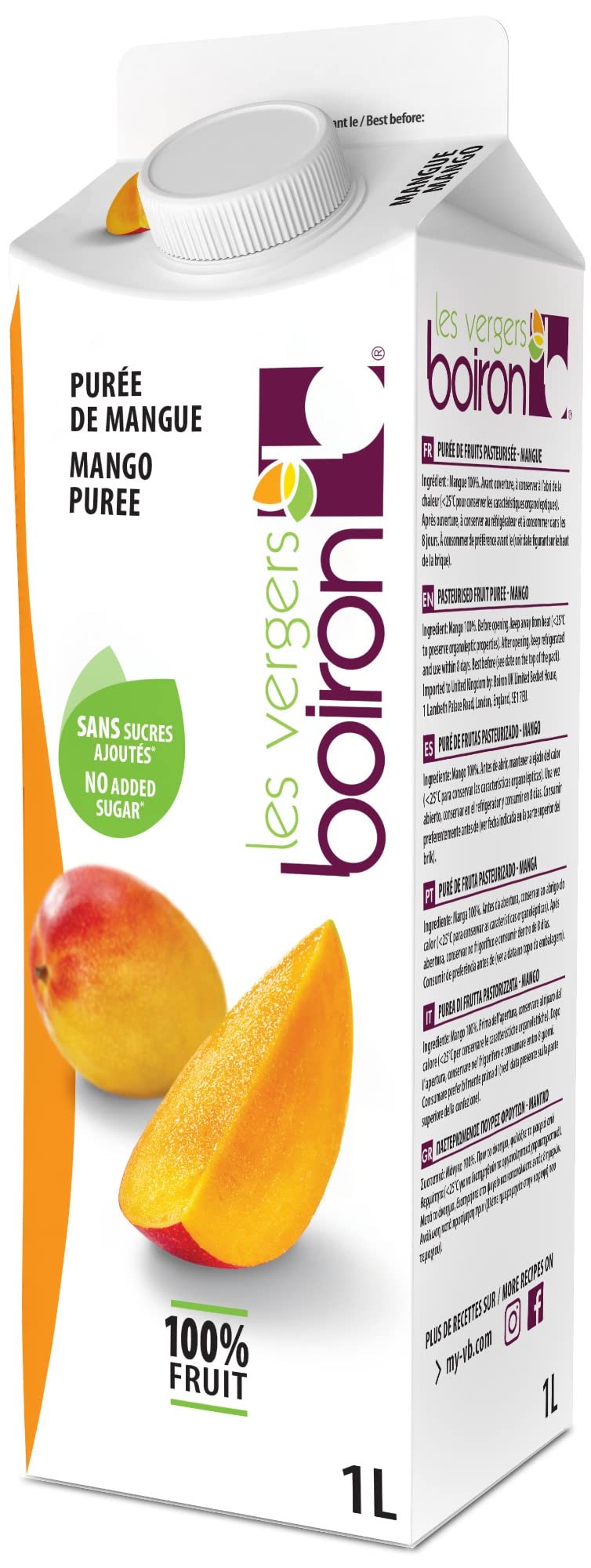 Les Vergers Boiron Mango Fruit Puree, 100% Fruit, All Natural, No Added Sugar, Non-GMO, No Preservatives, No Added Flavors, Vega