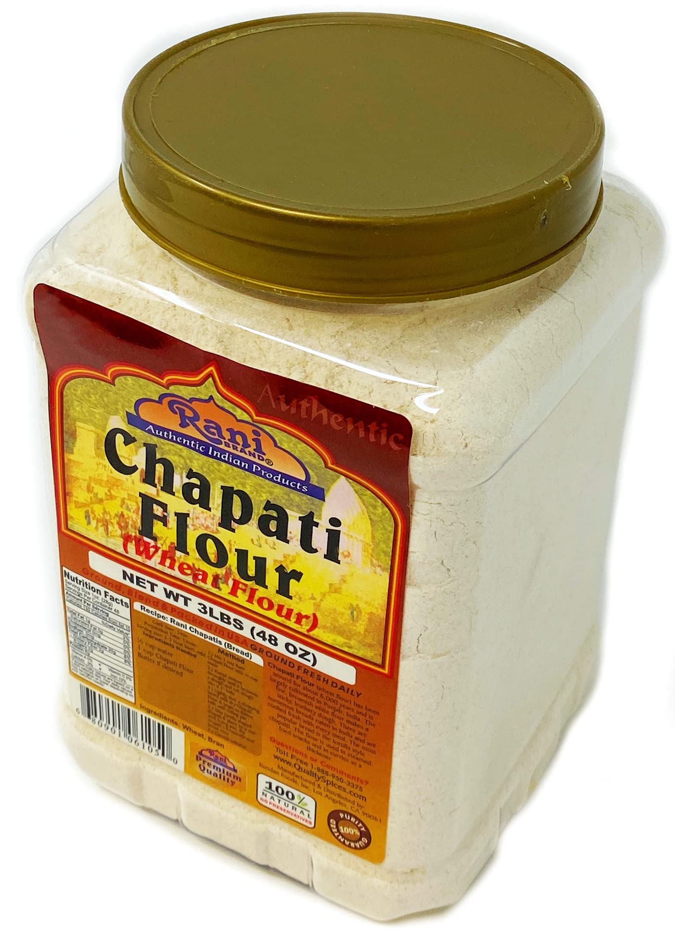Rani Chapati Flour (100% Pure Whole Wheat Atta), For Making Roti & Indian Breads 48Oz (3Lbs) 1.36Kg Pet Jar ~ All Natural | Vegan | No Salt Or Colors | Non-Gmo | Indian Origin