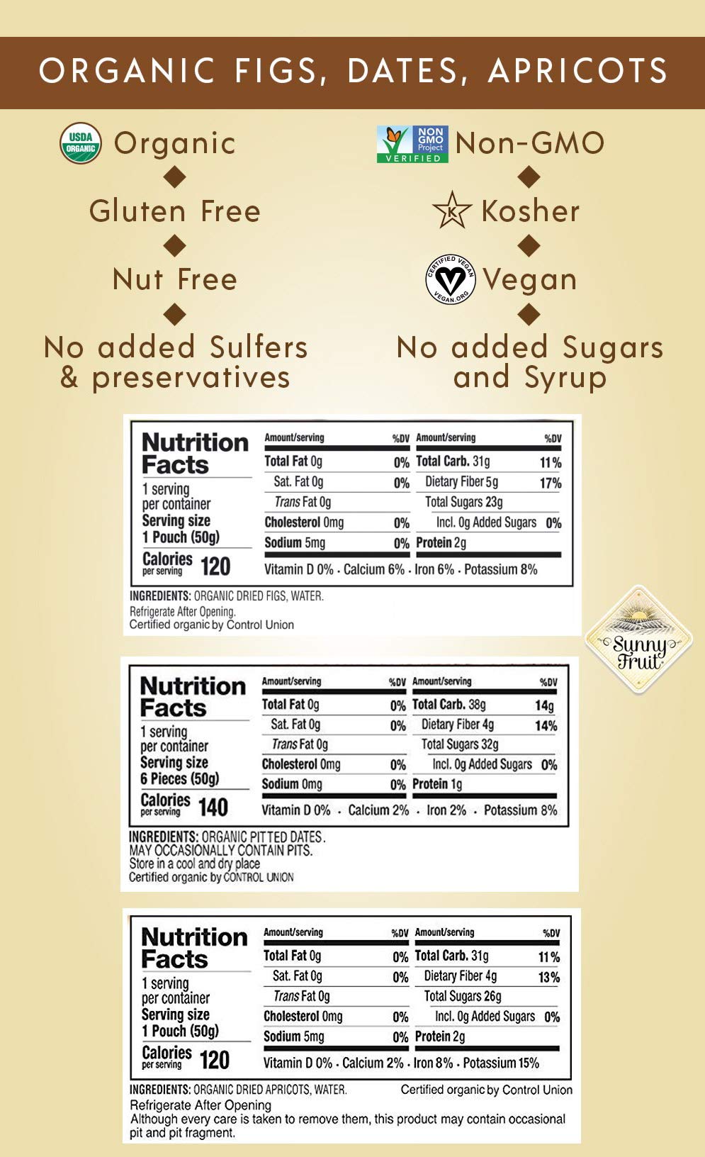 Sunny Fruit Organic Dried Fruit Assortment - Dates, Figs & Apricots, 15 Packs of 1.76 Oz, Vegan, Non-GMO, No Sugar Added