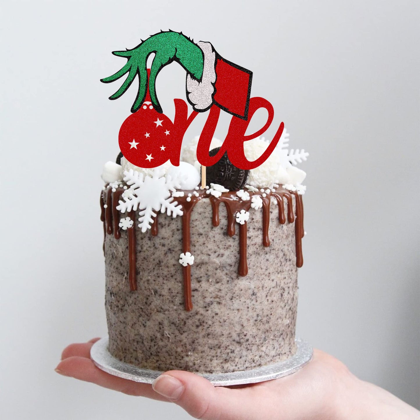 1 Pack Christmas One Cake Topper With Glitter Hand First Birthday Cake Topper Picks Decorations For Baby Shower 1St Birthday Party Supplies Red
