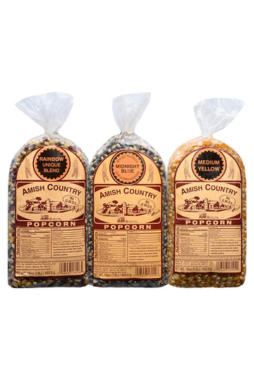 Amish Country Popcorn | 3-1 lb Bags | Variety Set | Midnight Blue, Rainbow, & Medium Yellow Popcorn Kernels | Old Fashioned, Non