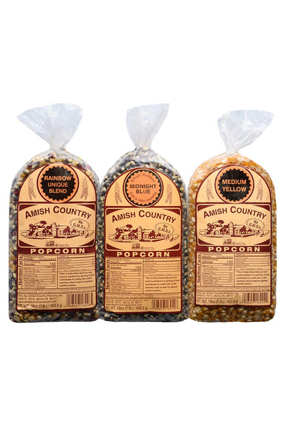 Amish Country Popcorn | 3-1 lb Bags | Variety Set | Midnight Blue, Rainbow, & Medium Yellow Popcorn Kernels | Old Fashioned, Non
