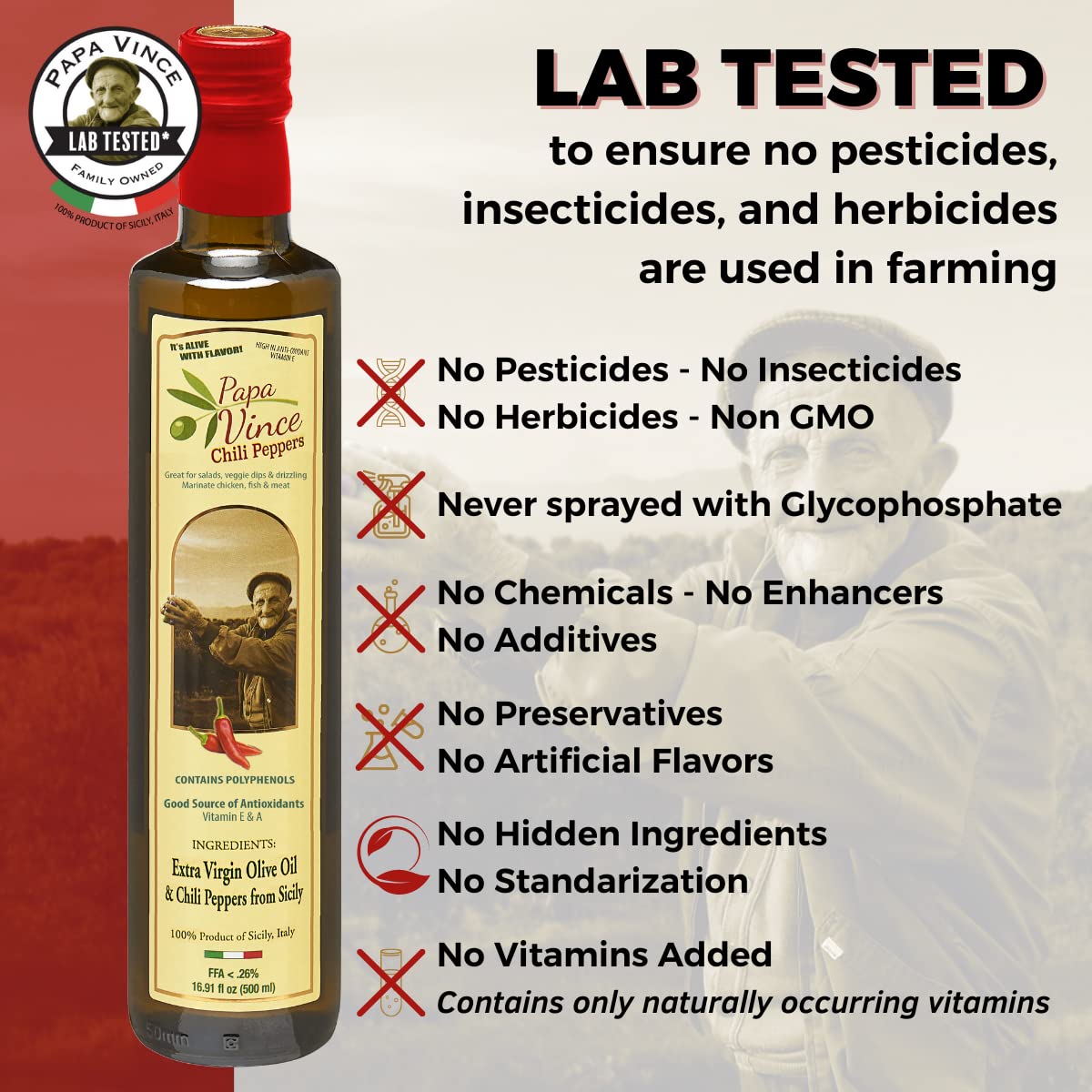 Papa Vince Olive Oil Extra Virgin - First Cold Pressed, Polyphenol Rich Olive Oil (Evoo). Chili Pepper Agrumato, Unfiltered, Single Sourced, Glass Bottle, Family Made, Sicily, Italy
