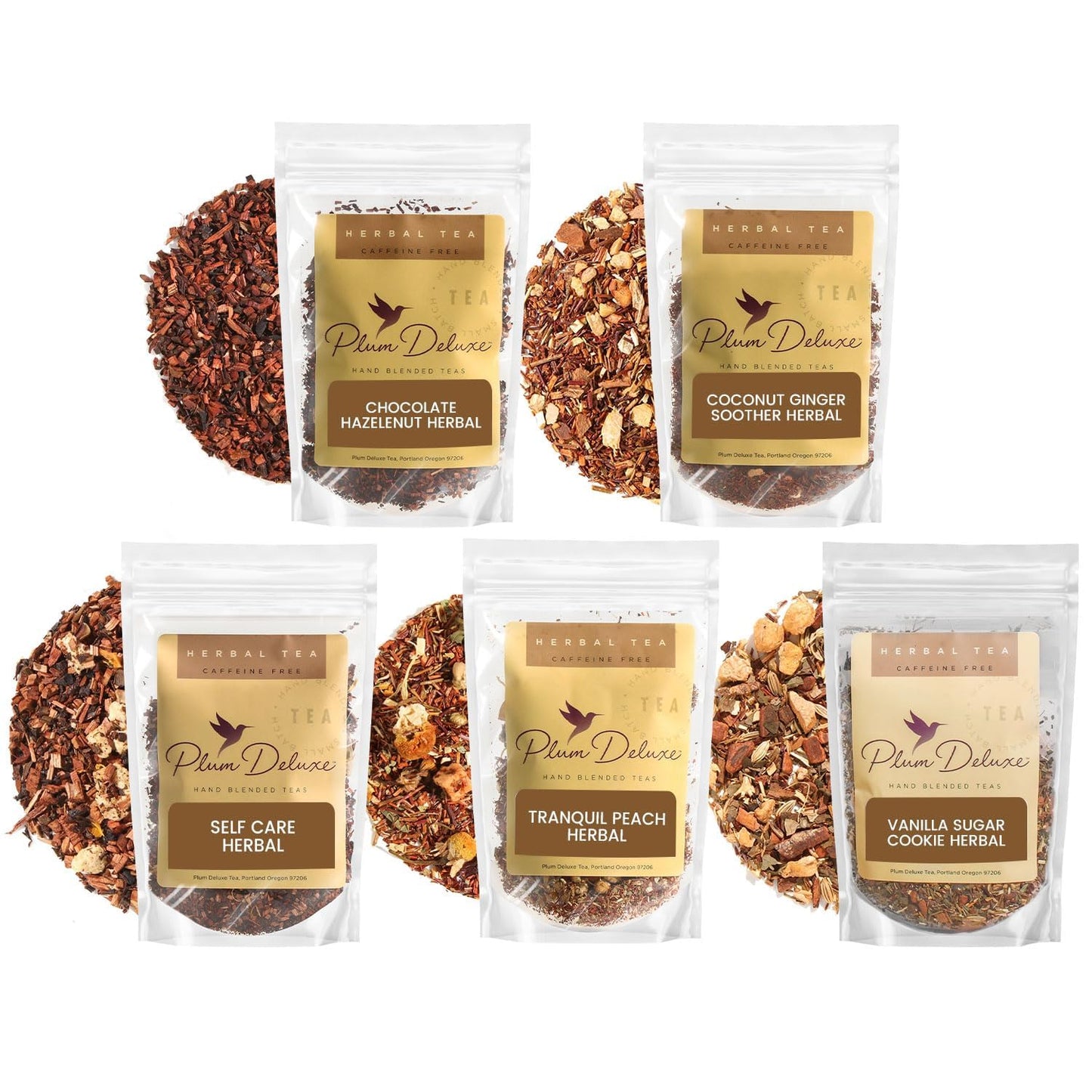 Plum Deluxe Herbal Tea Sampler - 5 Caffeine-Free Loose Leaf Blends - Fruity & Dessert-Inspired - Decaf - 75 to 100 Cups