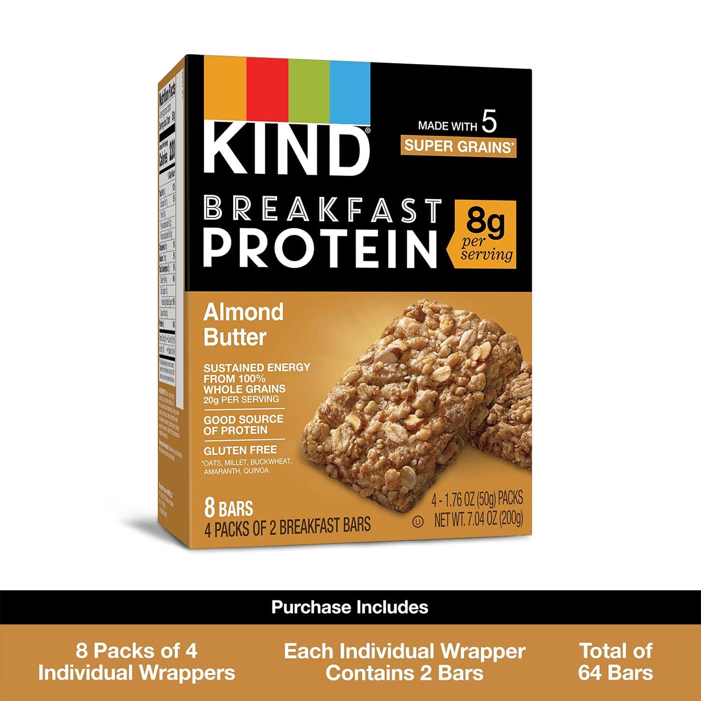 Kind Breakfast Protein Bars, Almond Butter, Healthy Snacks, Gluten Free, 8G Protein, 32 Count