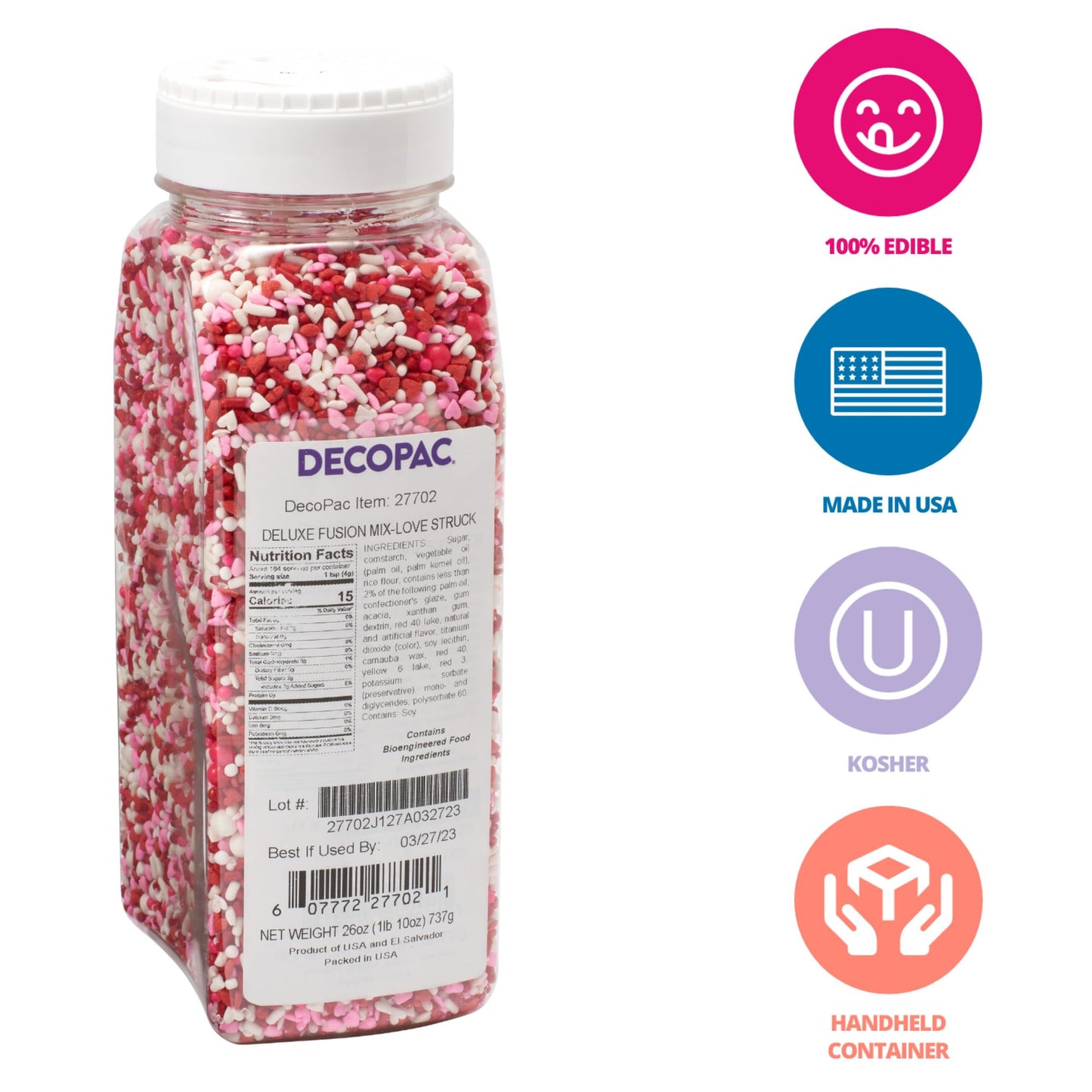 Decopac Love Struck Fusion Mix Candy Sprinkles, 26Oz, Fancy Sprinkles In Handheld Container, Edible Sprinkles For Celebration Cakes, Cupcakes, Cookies & Donuts, Pink & Red