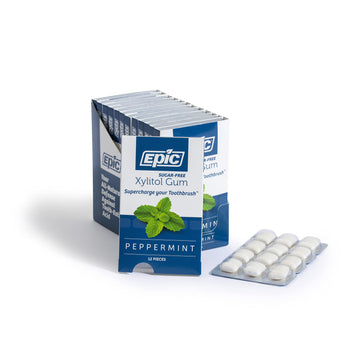 Epic Xylitol Chewing Gum - Sugar Free & Aspartame Free Chewing Gum Sweetened W/Xylitol For Dry Mouth & Gum Health (Peppermint, 12-Piece Pack, 12 Packs)