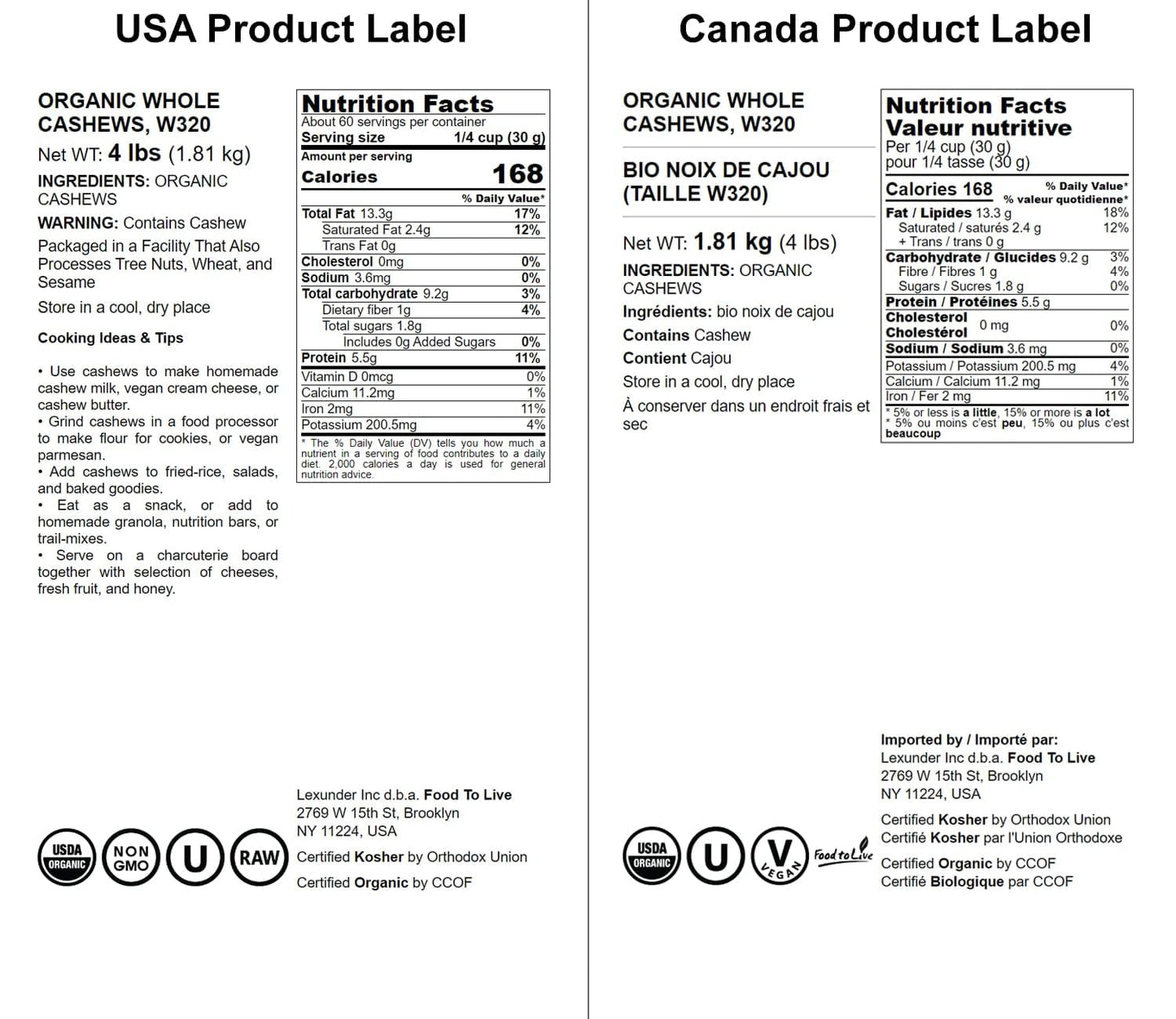 Food To Live - Organic Cashews, 4 Pounds Whole, Unsalted, Non-Gmo, Kosher, Raw, Vegan, Bulk