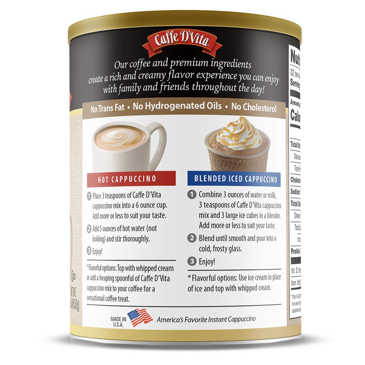 Caffe Dvita Mocha Cappuccino - Instant Powder Coffee Mix, Gluten Free, No Cholesterol, No Hydrogenated Oils, No Trans Fat, 99% Caffeine Free - 16 Oz Can, 6-Pack