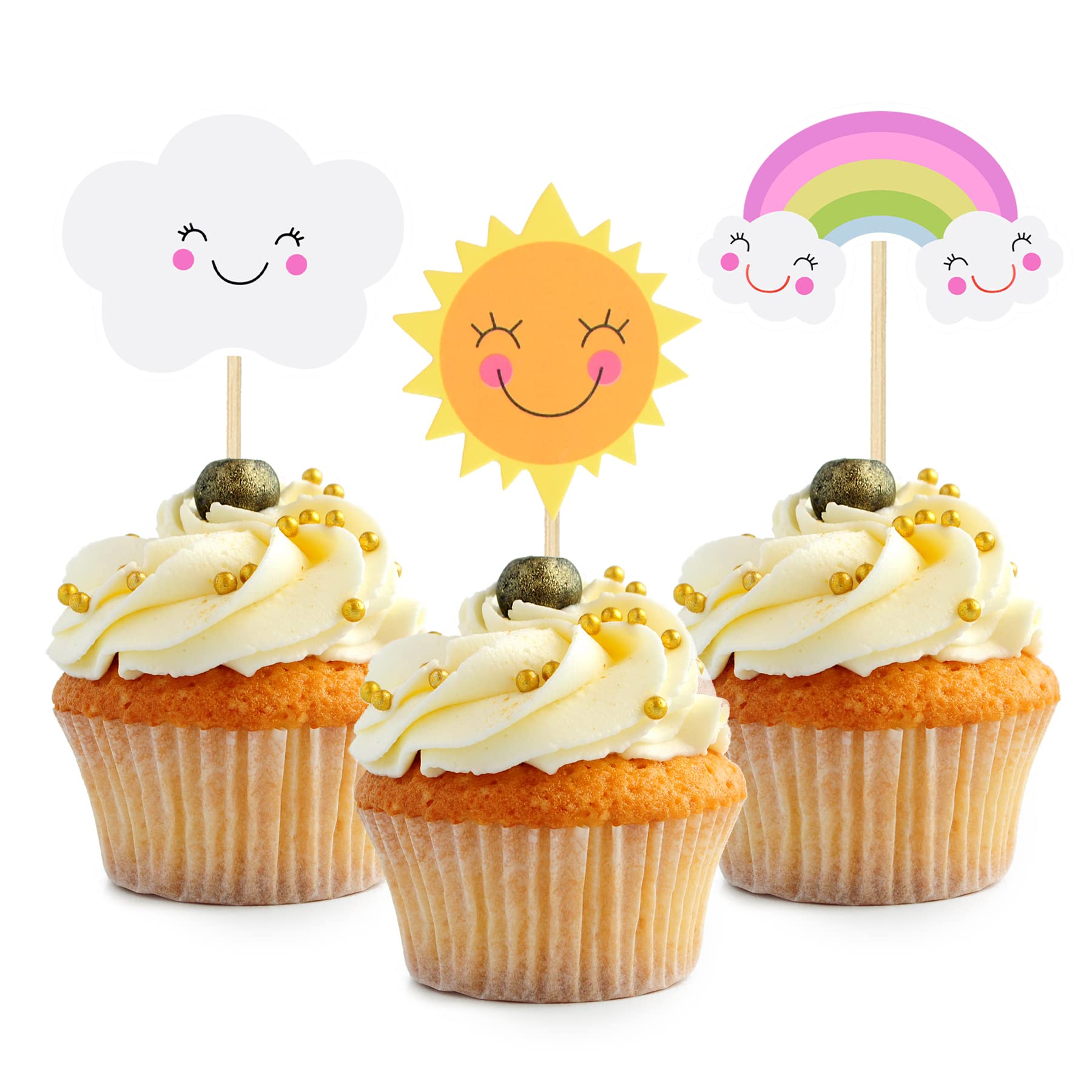 Hokpa Sun Rainbow Cloud Cupcake Toppers, 36Pcs Sun Smiley Sunshine Theme Cake Decoration For Birthday Baby Shower Theme Party De