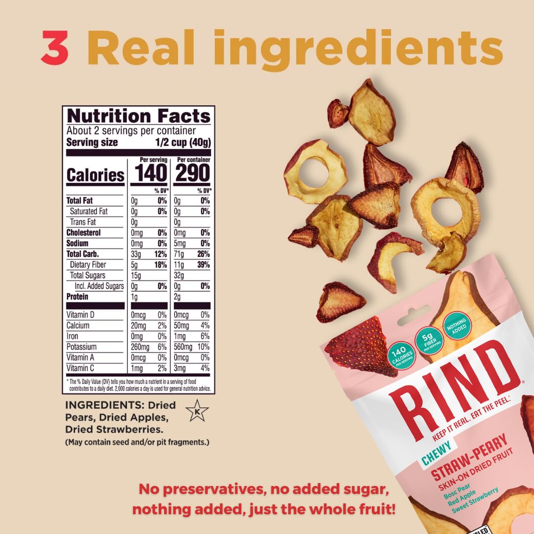 Rind Snacks | Straw-Peary | Strawberry, Apple, & Pear | Dried Fruit Superfood | Chewy Snack | No Sugar Added | All Natural | Hig