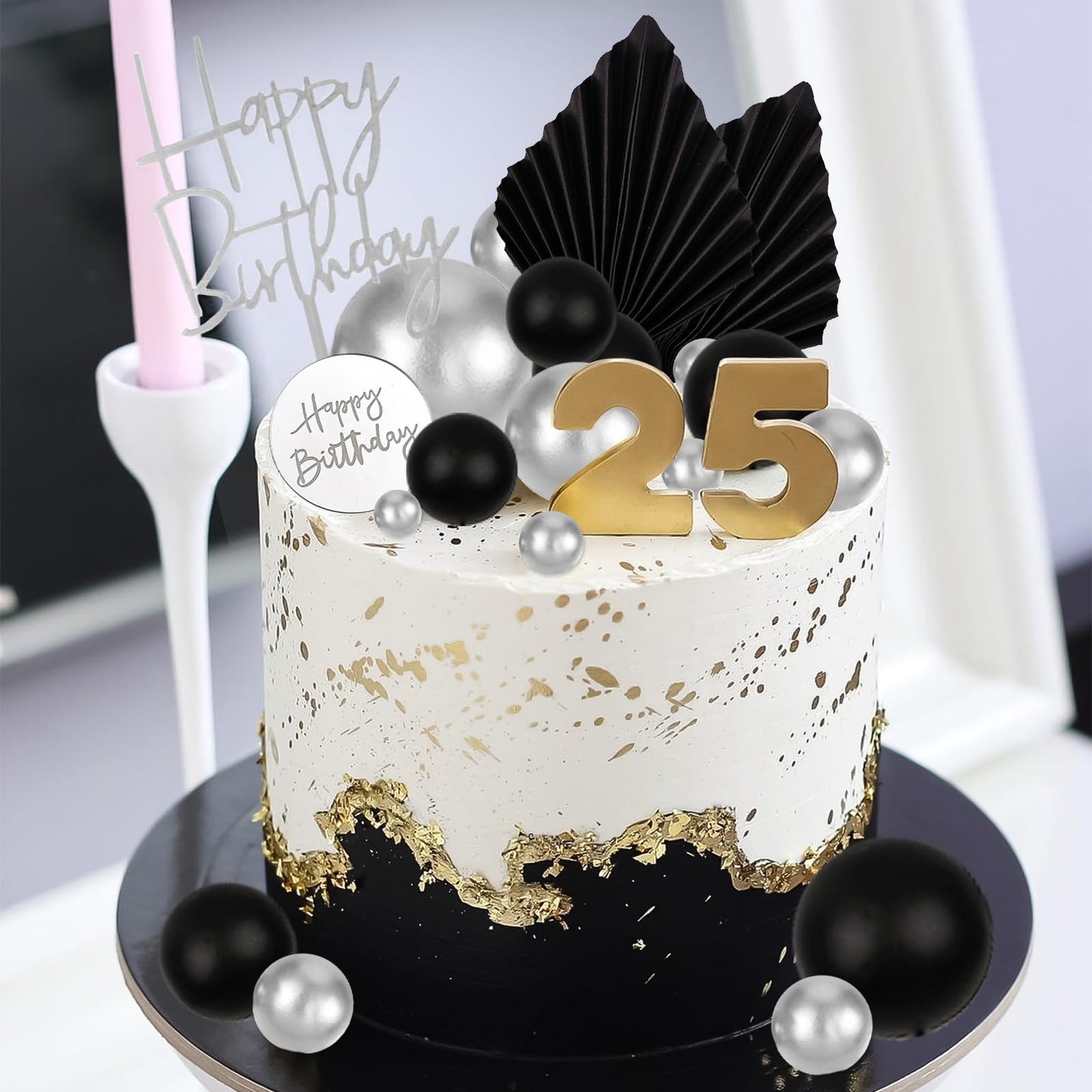 Memovan 26Pcs Man Birthday Cake Topper Black Boho Cake Topper Black Silver Balls Palm Leaves Cake Decorations For Man Boy Bohemi