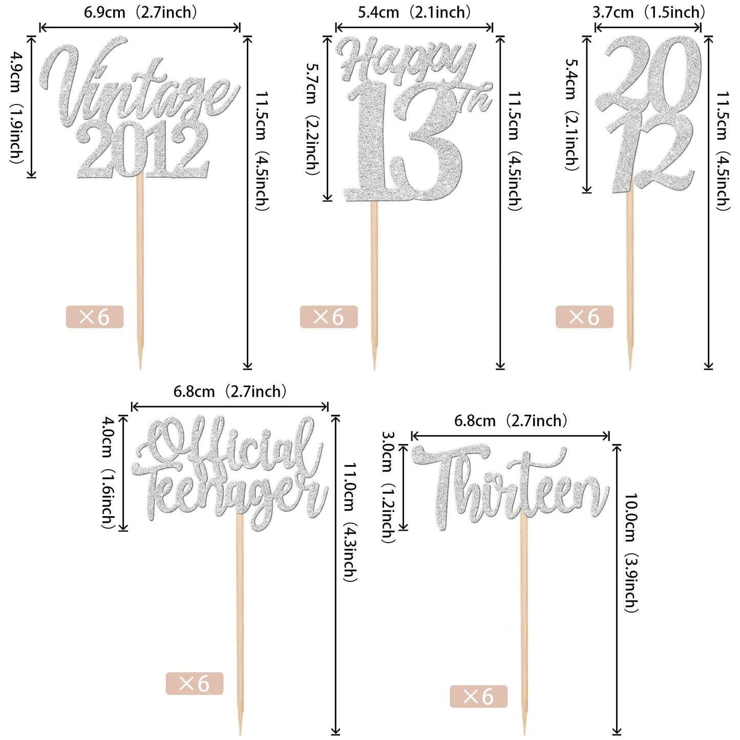 ZHUOWEISM 30PCS Cupcake Toppers for 13th Birthday Party Decorations Silver