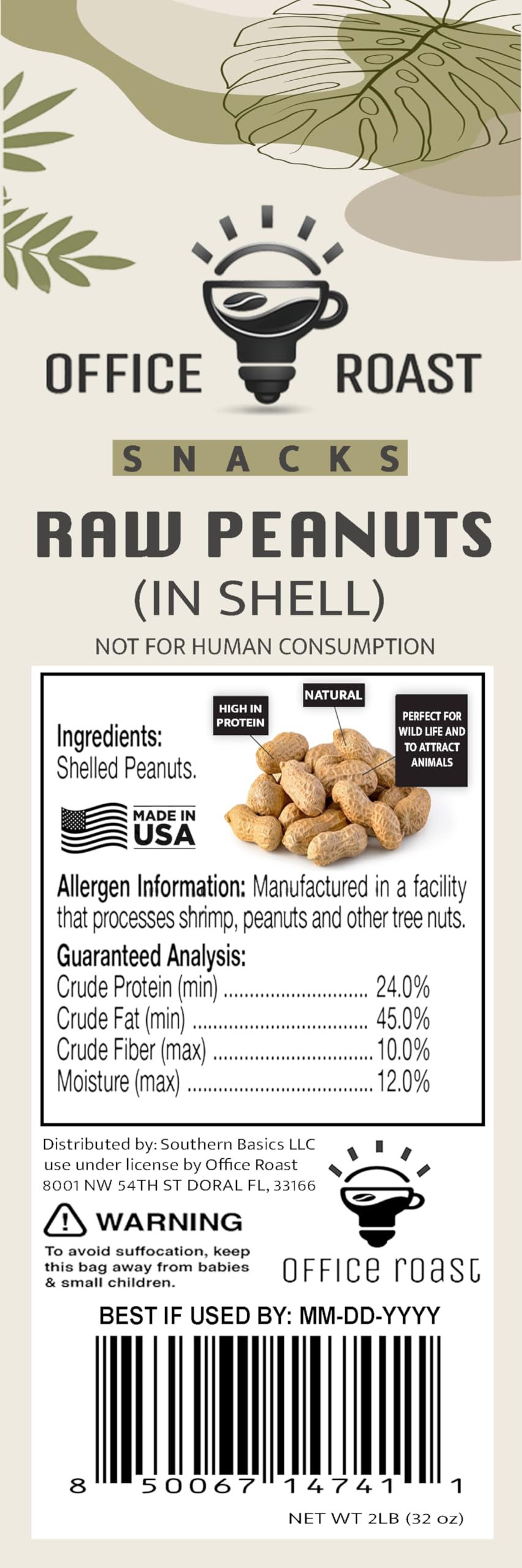 Office Roast Raw Peanuts in Shell 2 lb Bag - Unsalted, Natural & Healthy Snack - Plain Peanuts for Squirrels, Birds & Wildlife F