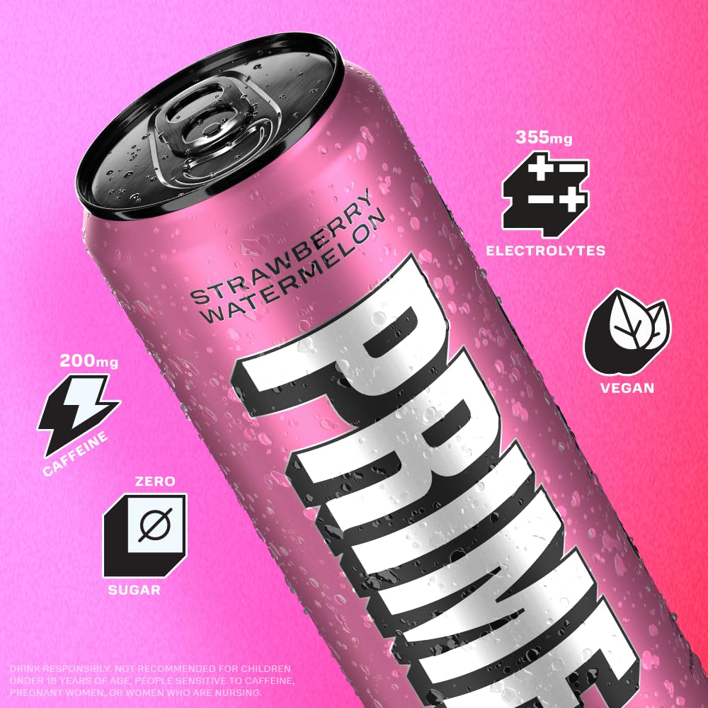 PRIME HYDRATION Energy Drink Strawberry Watermelon | 200mg Caffeine | 355mg Electrolytes | 12 Fluid Ounce | 12 Pack