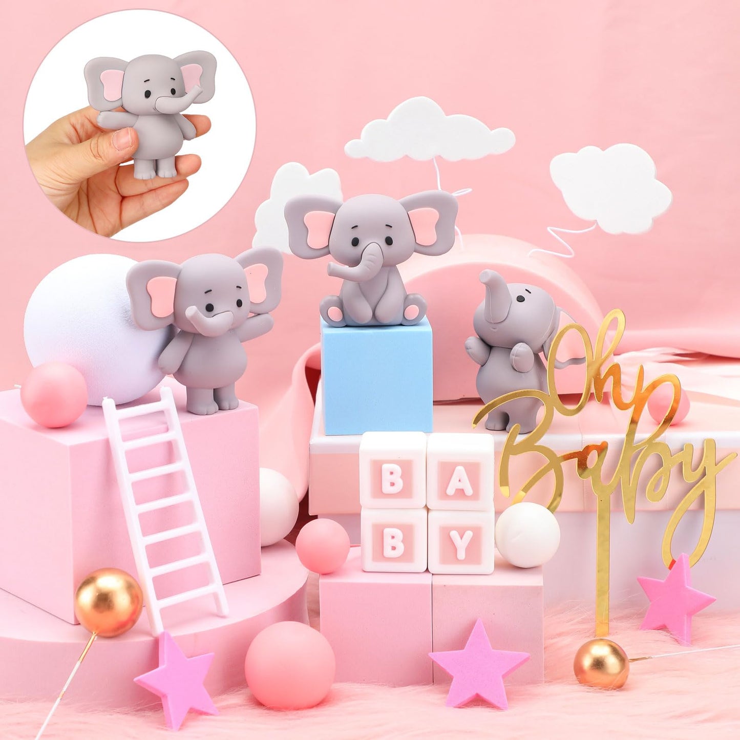 Yinder Bear Cake Toppers Mini Bear Cake Decorations Cake Toppers Gold White Pearl Ball For Birthday Party Decorations(Gray, Pink