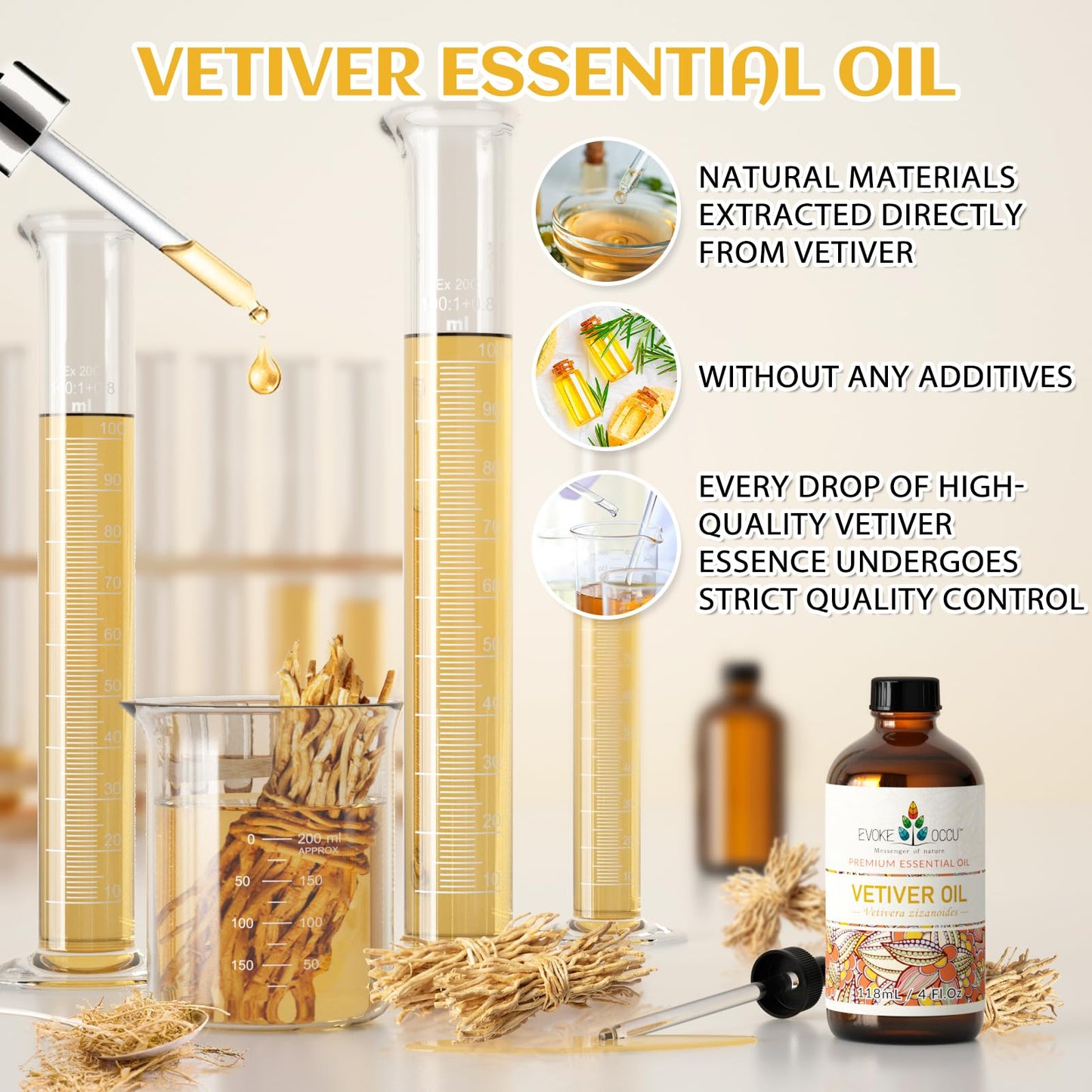 Evoke Occu Vetiver Essential Oil 4 Oz, Pure Vetiver Oil For Skin Massage Aromatherapy Diffuser- 4 Fl Oz