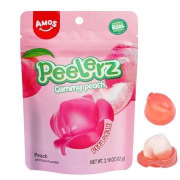 Amos Peelerz Gummy Peach Peeling Candy, Peelable Fruit Snacks, Resealable 2.19Oz Bag (Pack Of 3)
