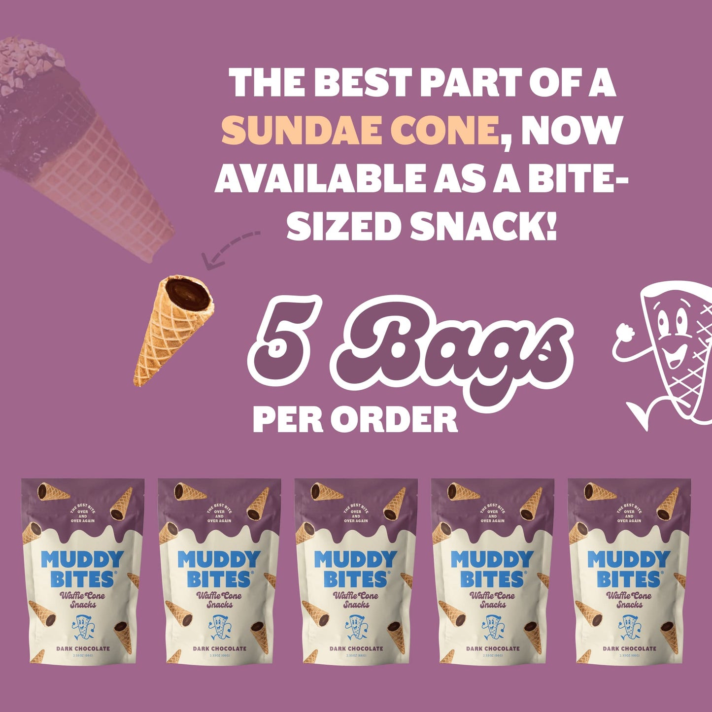 Muddy Bites Waffle Cone Snacks Chocolate Filled Bite Sized Cones (Dark Chocolate, 5 Bags)