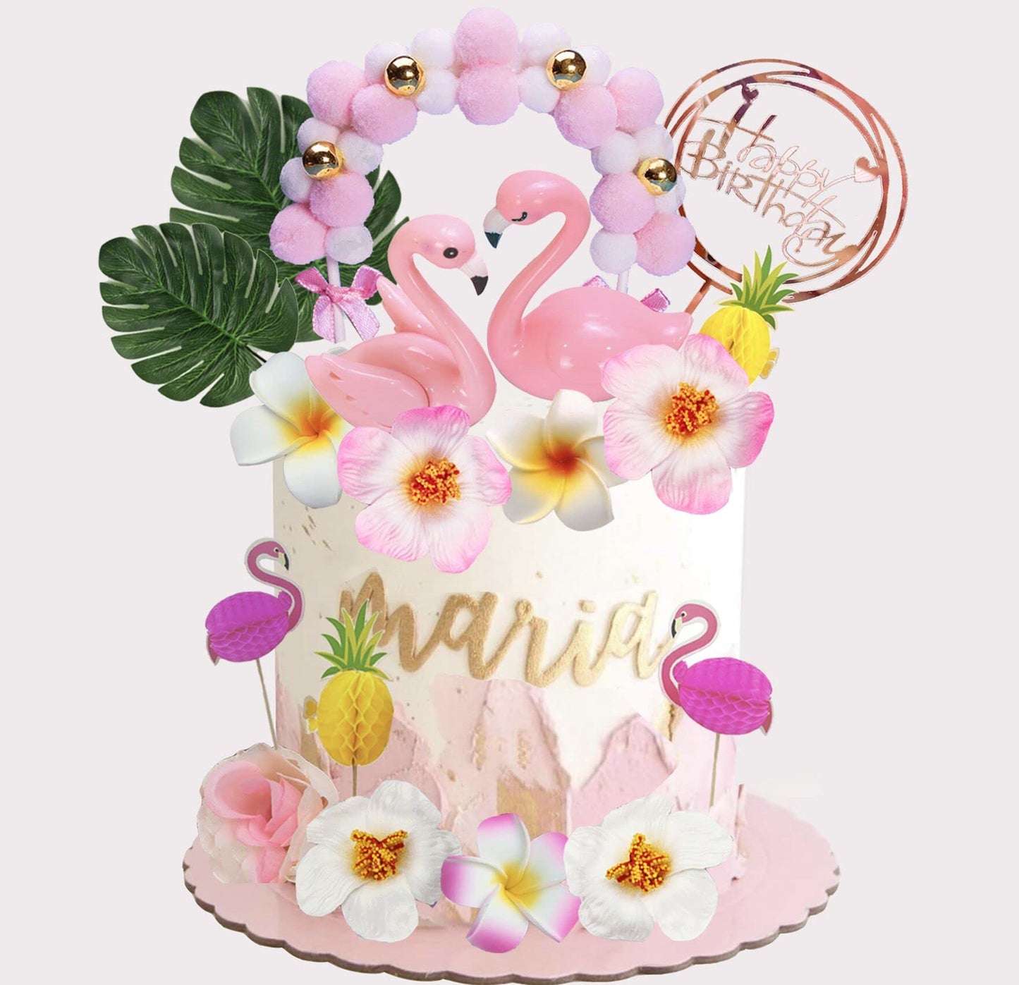 22Pcs Flamingo Cake Toppers Hawaiian Cake Topper Flamingo Palm Leaves Hibiscus Flowers Luau Hawaiian Summer Cake Decorations For
