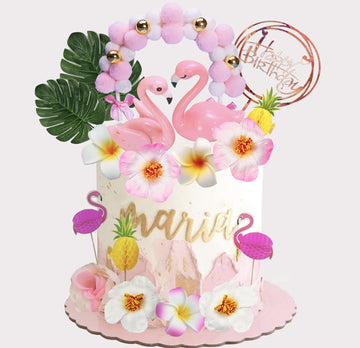22Pcs Flamingo Cake Toppers Hawaiian Cake Topper Flamingo Palm Leaves Hibiscus Flowers Luau Hawaiian Summer Cake Decorations For