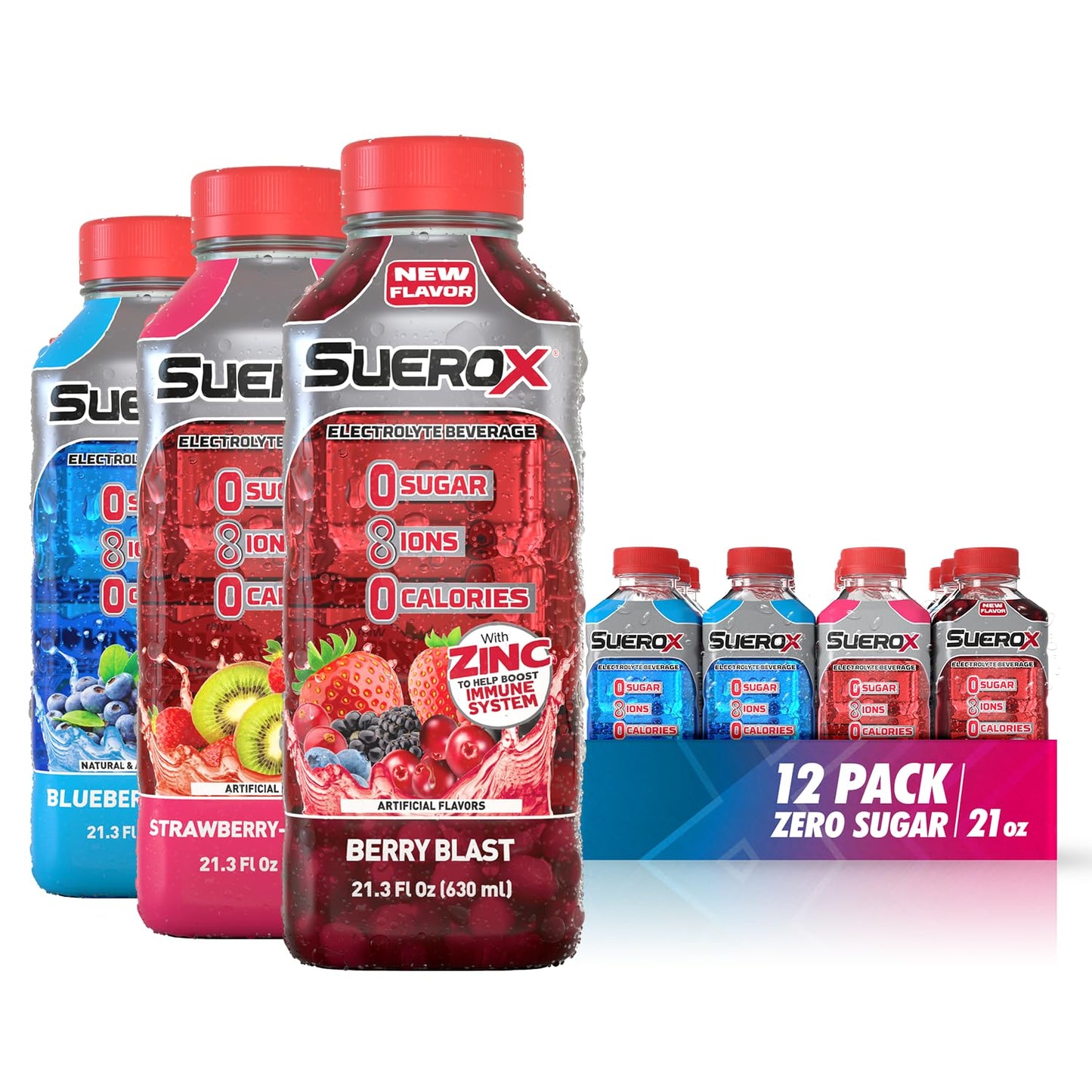 SueroX Sugar-Free Sports Drink, Electrolyte Hydration with 8 Ions, Berry Blend, 12 Pack, 21.3 Fl Oz