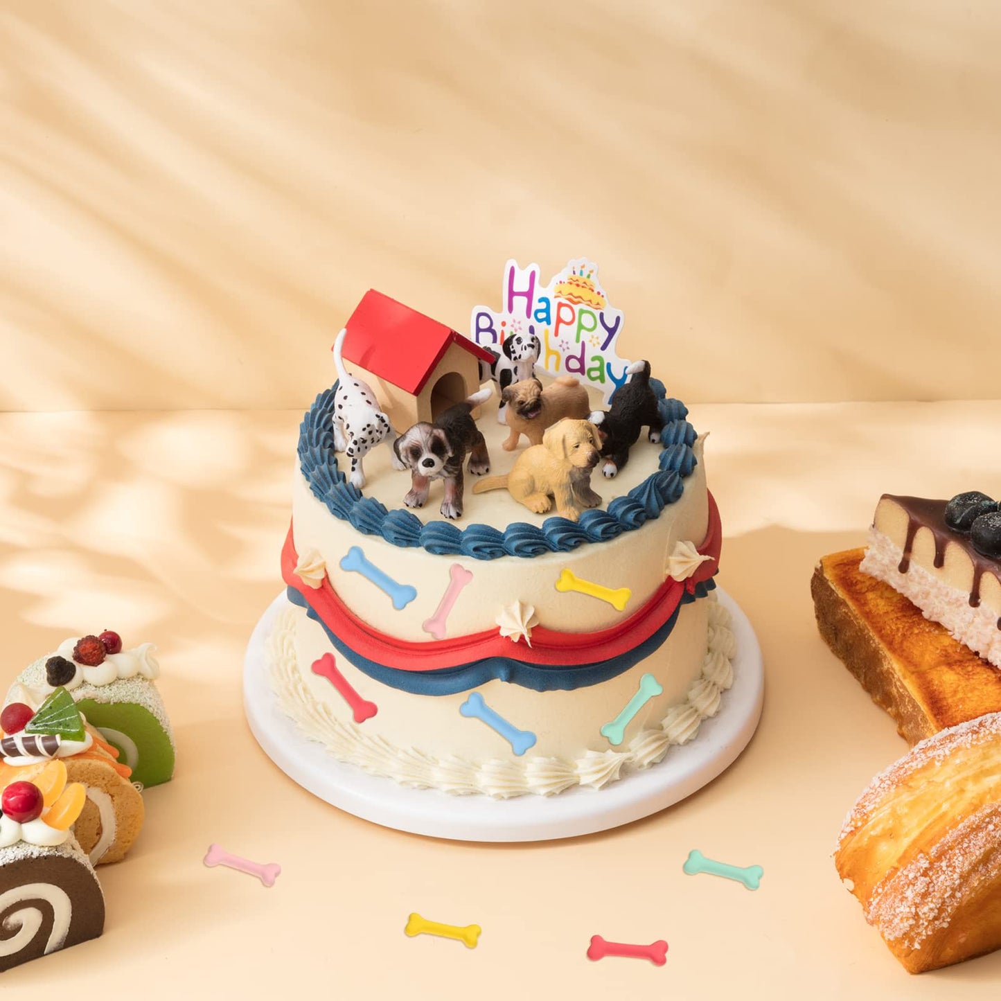 18 Pcs Realistic Dog Cake Topper Dog Figurines Dog Birthday Cake Topper Dog Bone Kennel Cake Toppers Dog Party Decoration Mini D