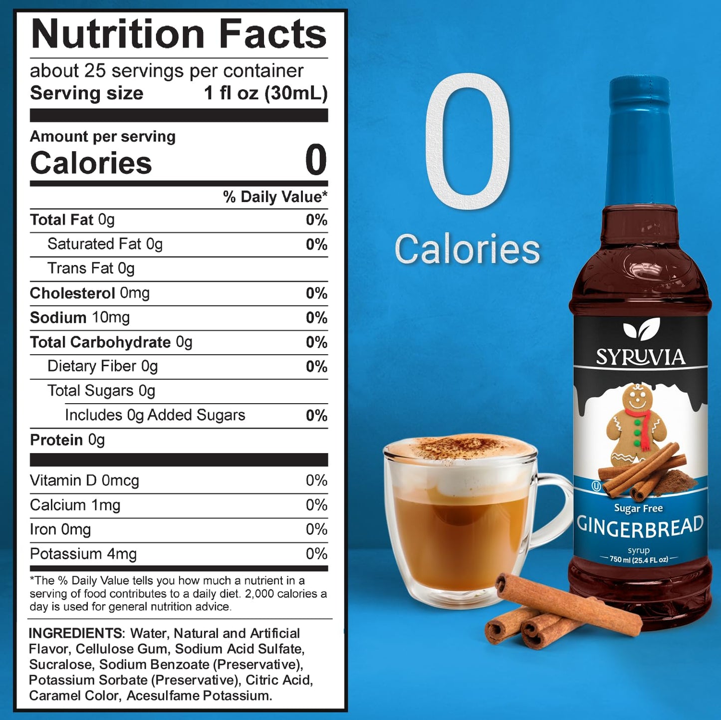 Syruvia Sugar-Free Gingerbread Coffee Syrup - 25.4 fl oz Premium Coffee Flavoring Syrup - 0 Calorie- Kosher Coffee Syrups, Glute