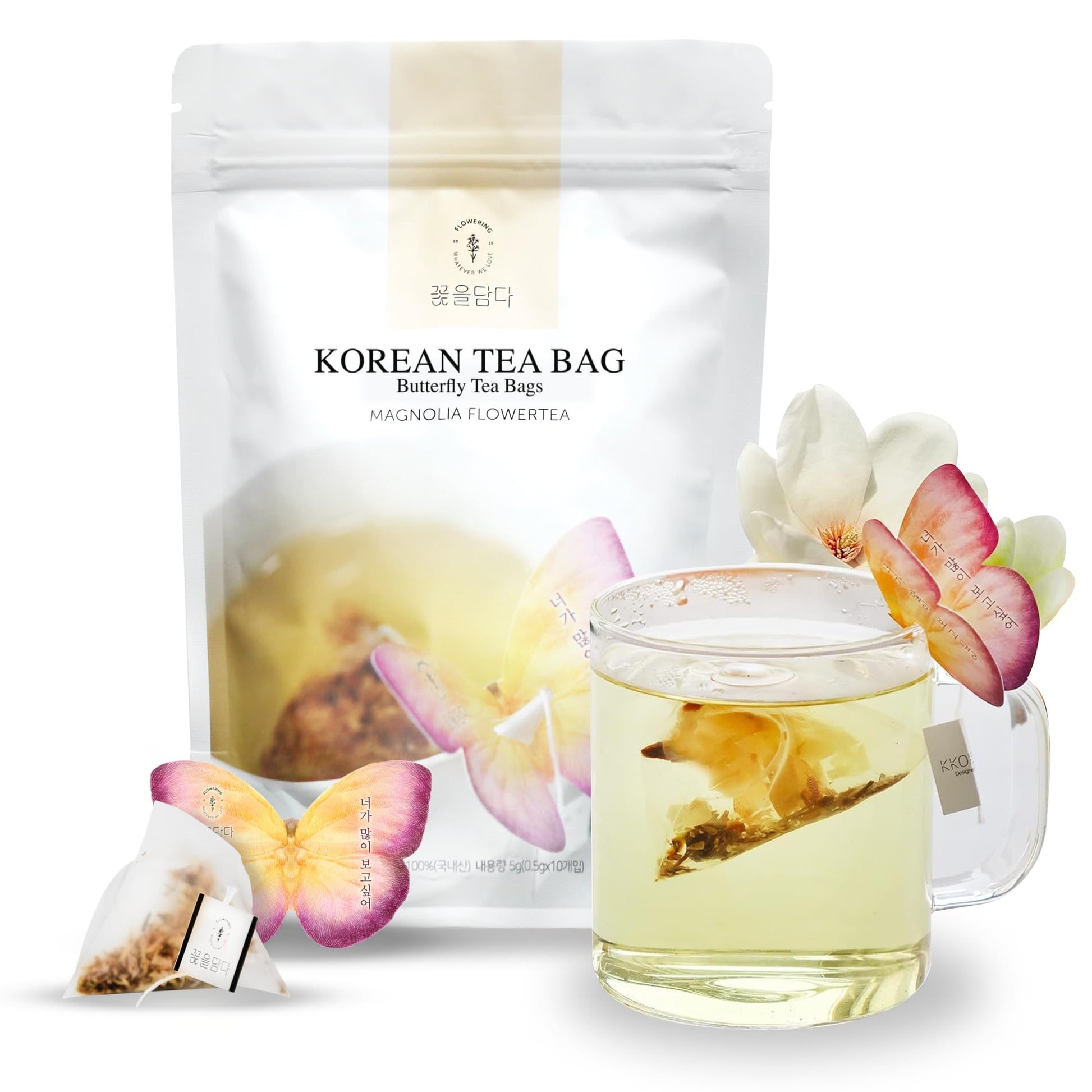 Kkokdam Butterfly Tea Bags - Magnolia Tea Bag - Korean Gift Set, Decaf Tea Bags, Fancy Tea Bags, Unique Tea Bags, Iced Tea Bags