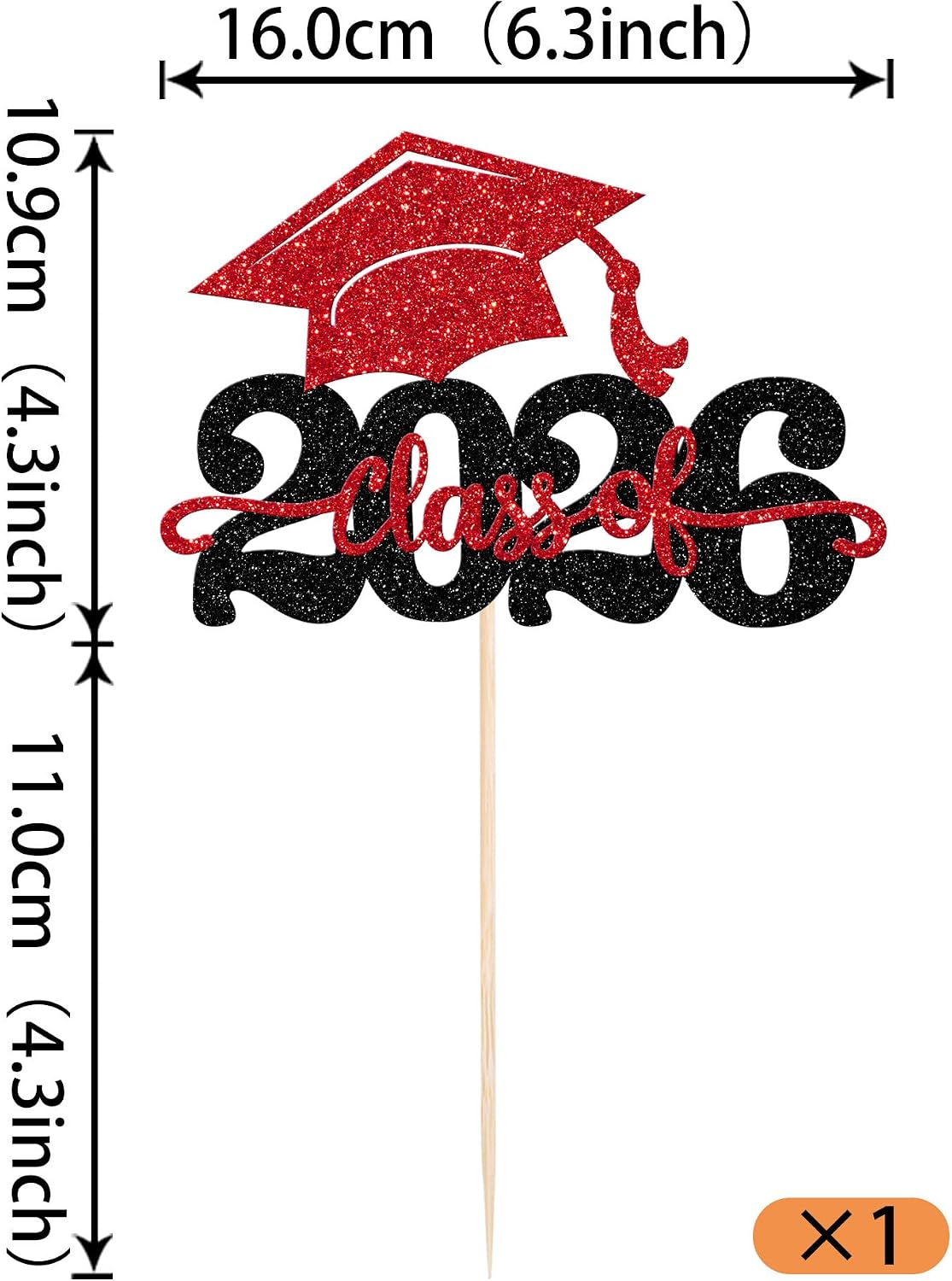 YCTHUNFISH Graduation Cake Topper - Class of 2026 Glitter Cap Decoration, Black & Red, Bamboo Material