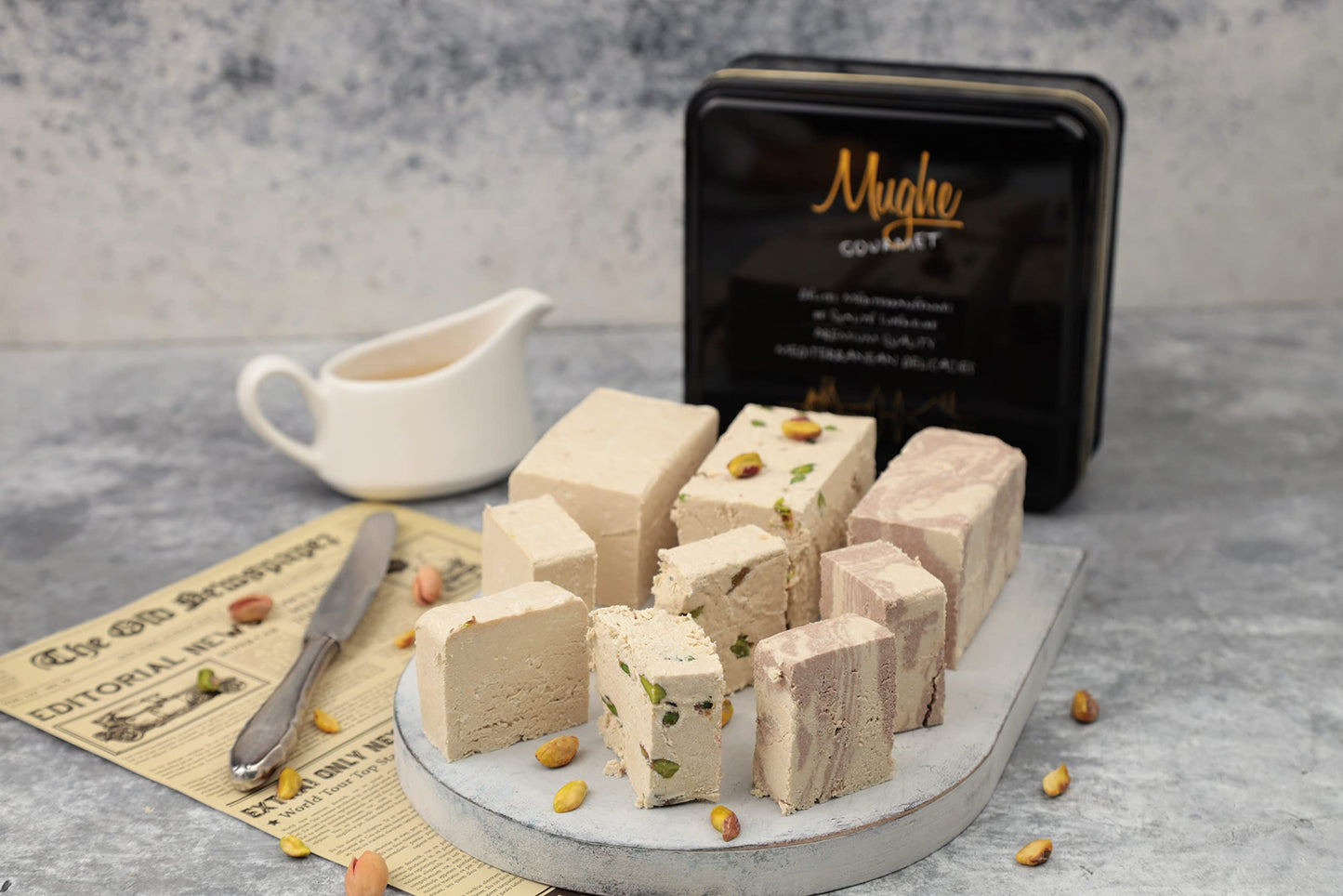 Mughe Gourmet Halvah Assortment 1.88lb (850g) Tin Gift Box - 3 Delicious Vegan Marble Tahini Halvah Bars Pistachio, Cocoa, Vanil