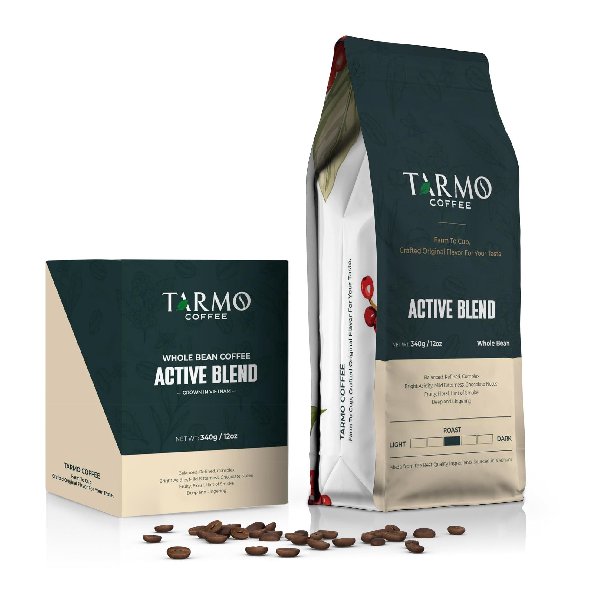 TARMO COFFEE Low Acid Arabica & Robusta Whole Bean Coffee, Medium Roast, 12 Oz Bag