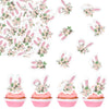 33PCS Edible Floral Easter Bunny Ear Cupcake Toppers Edible Pink White Rabbit Ears Cupcake Picks Wafer Paper Easter Day Cake Top