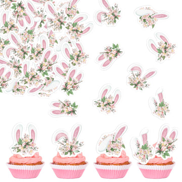 33PCS Edible Floral Easter Bunny Ear Cupcake Toppers Edible Pink White Rabbit Ears Cupcake Picks Wafer Paper Easter Day Cake Top