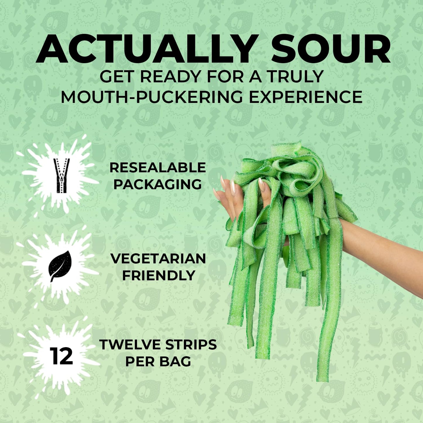 SOUR STRIPS Sour Candy Strips, Chewy Vegetarian Candies, Green Apple Flavor, 3-Pack