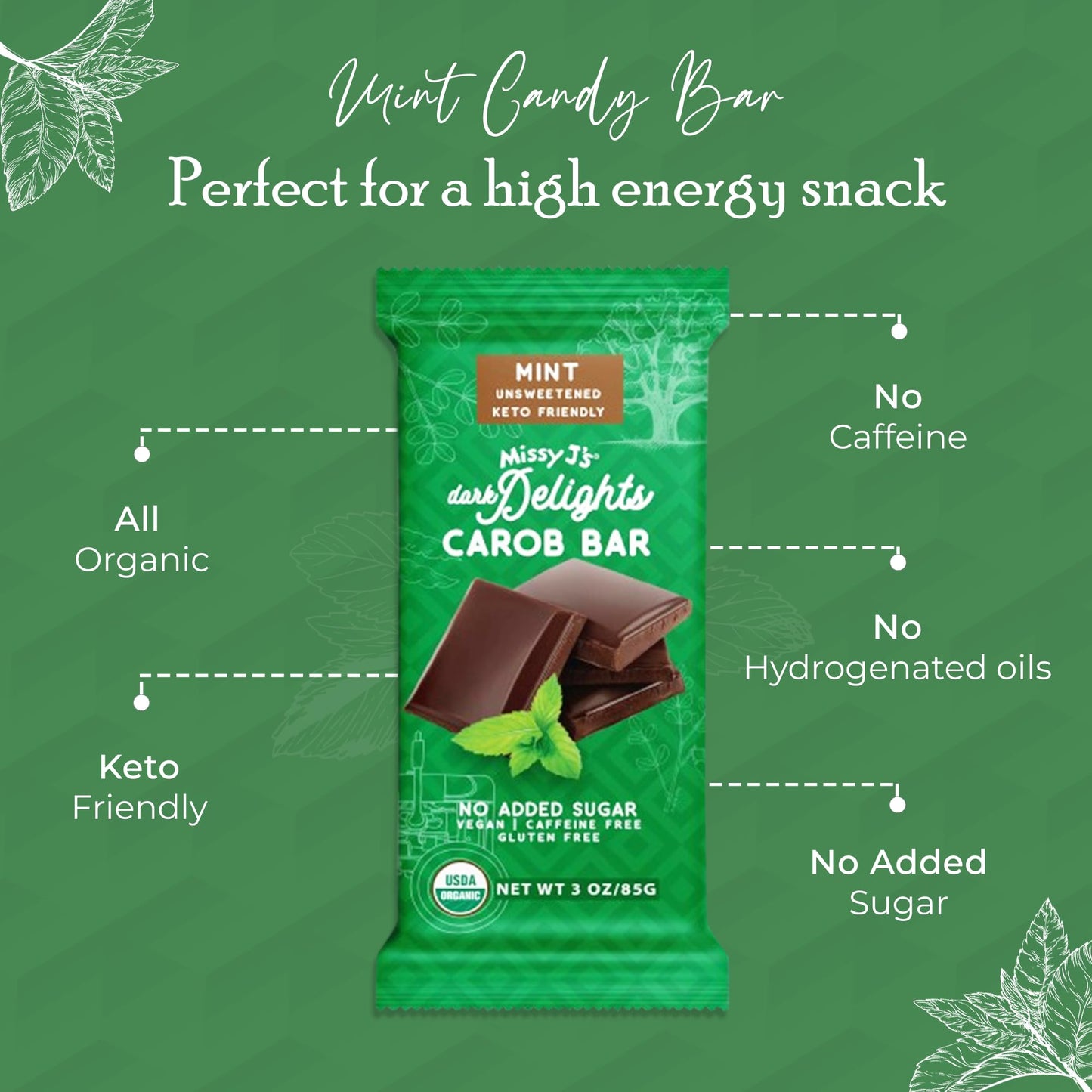 Missy Js Organic Carob Dark Delights Candy Bar, Unsweetened Mint, Keto, Vegan, Gluten-Free, 3 Oz, Pack of 6