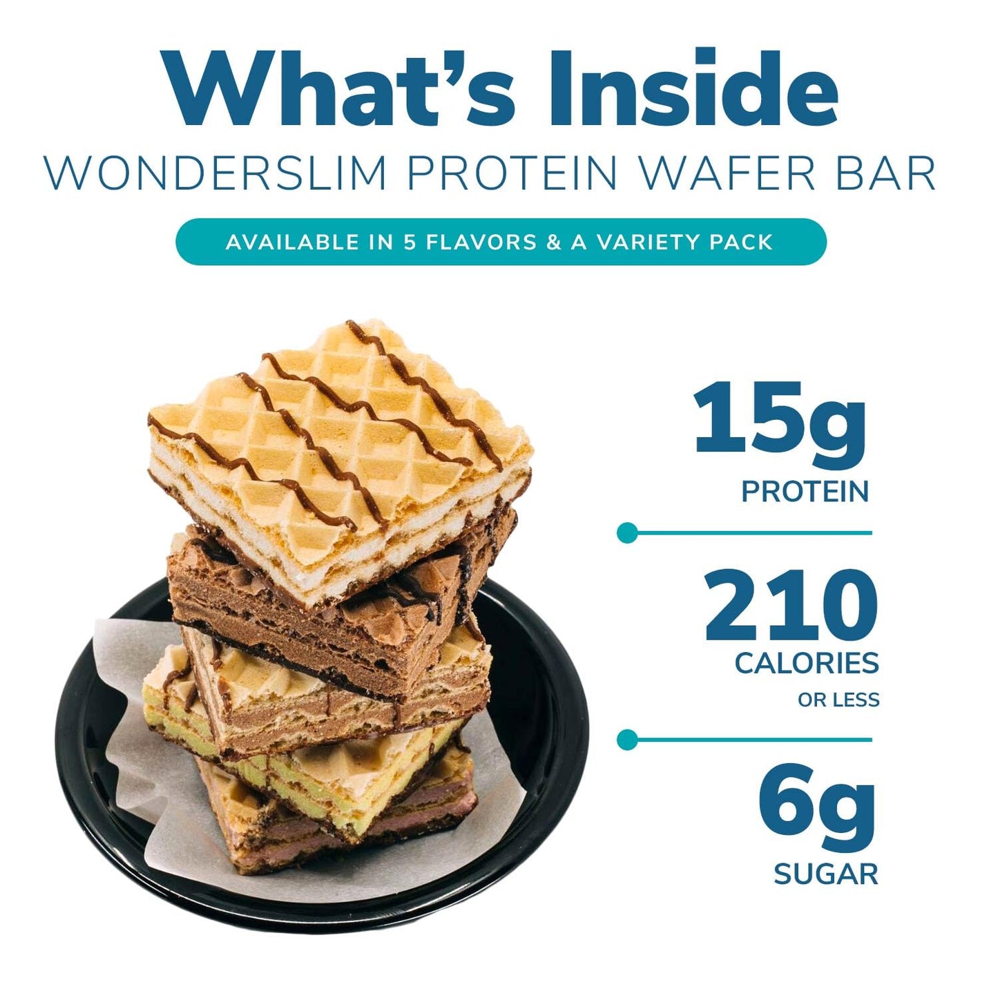 WonderSlim Protein Wafer Snack Bar Variety Pack, 15g Protein, 5 Flavors, 5 Count