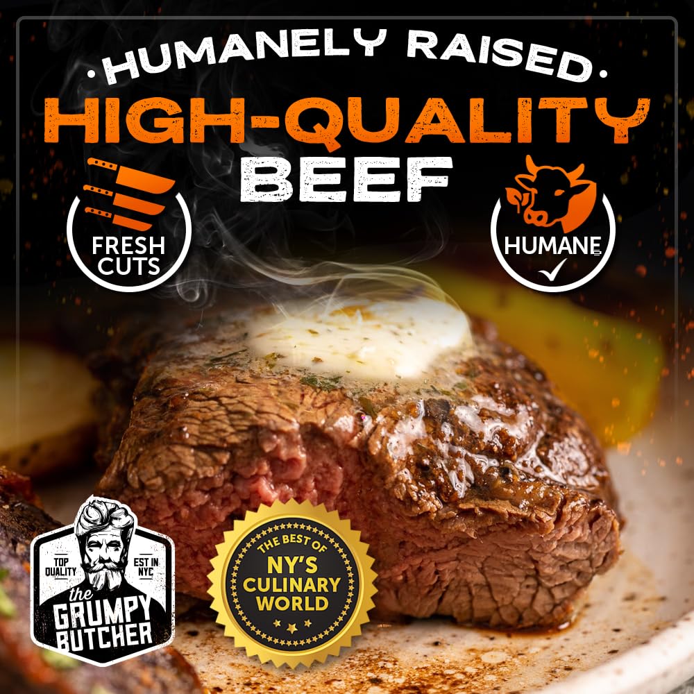 Grumpy Butcher Large Filet Mignon Steaks, 6 Pack (8 Oz Each) - Prime Steak House Size Beef Tenderloin Center Cut -With Steaks Gi