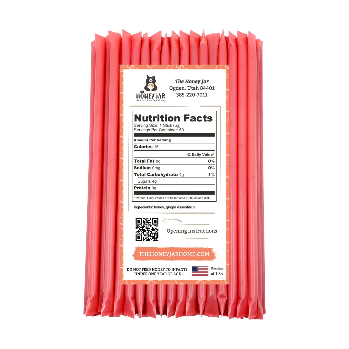 The Honey Jar Ginger Flavored Raw Honey Sticks - 50 Count Honey Straws for Tea and Coffee, Made in the USA