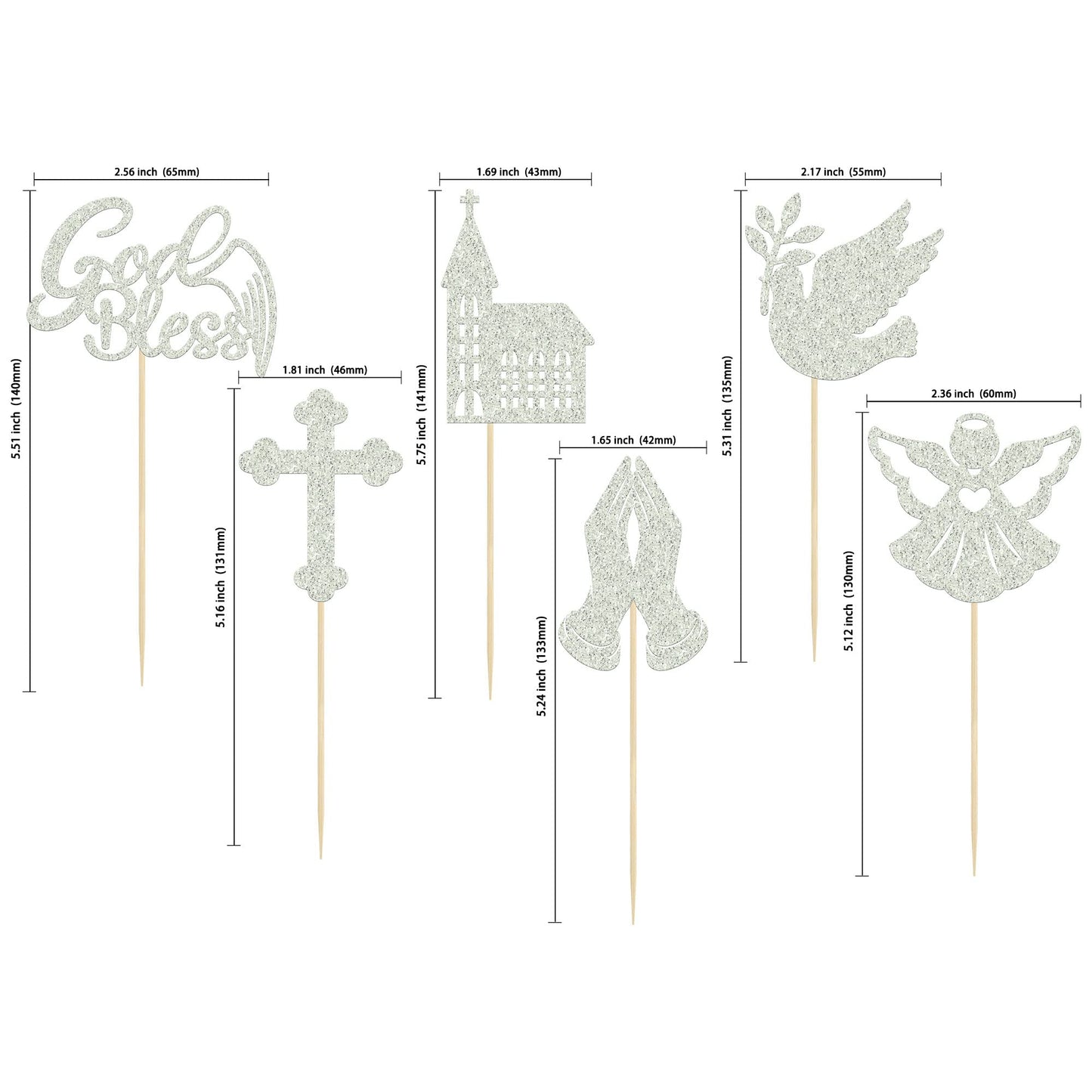 Gyufise Cupcake Toppers, God Bless Theme, Dove Cross Angel, 24 Pack, Silver, Model UKZN0258-SL, Paper Decorations for Parties
