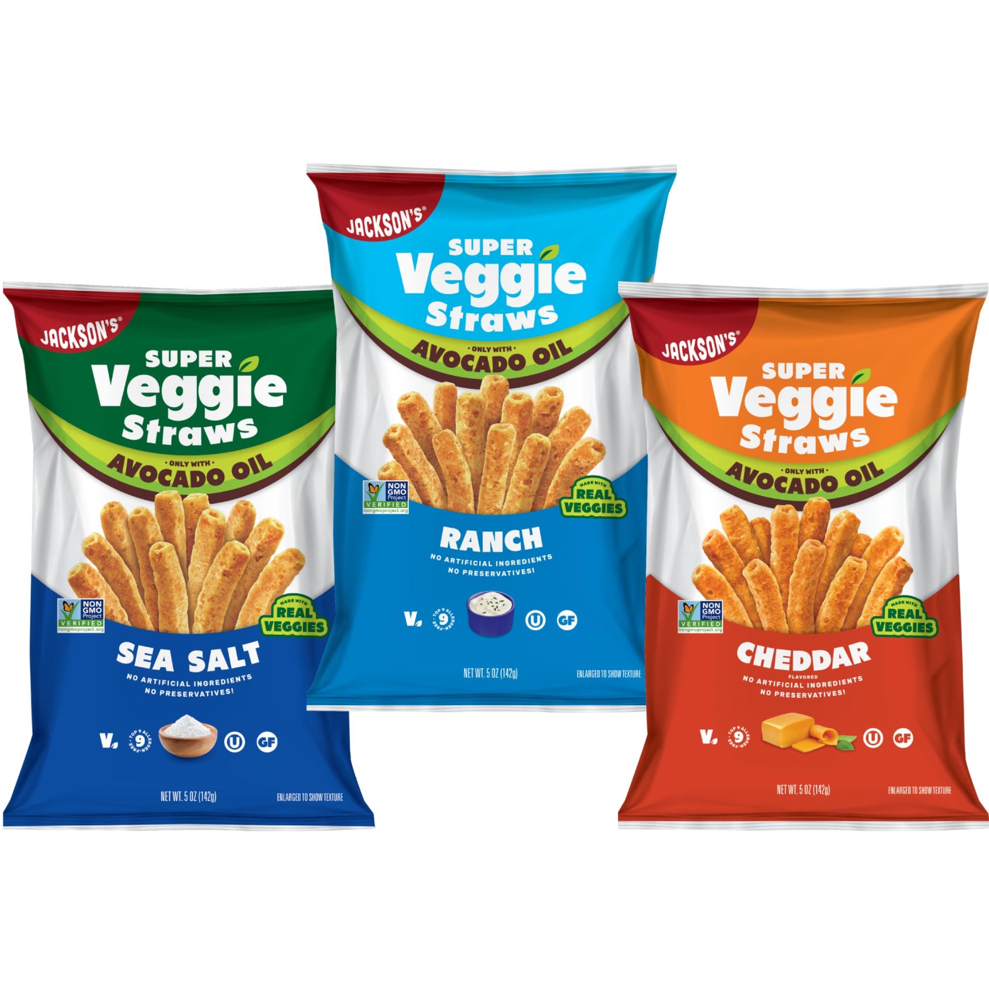 Jacksons Super Veggie Straws Variety Pack - Gluten Free, Made with Avocado Oil, 5 oz (Pack of 6) - Ranch, Cheddar, Sea Salt