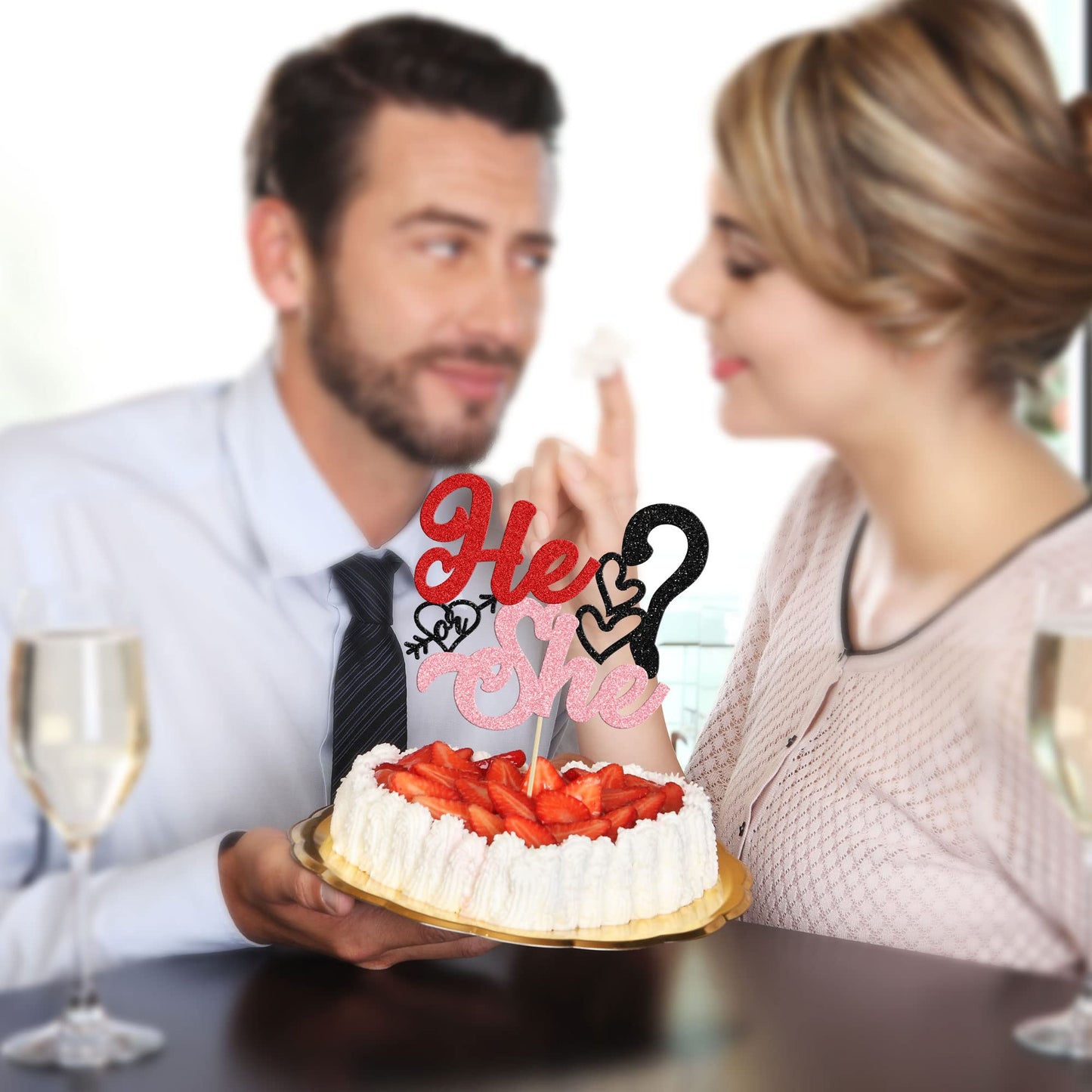 Gyufise 1Pc Happy Valentine's Day He or She Cake Topper Glitter Gender Reveal Cake Topper Decoration for Valentine Theme Birthda